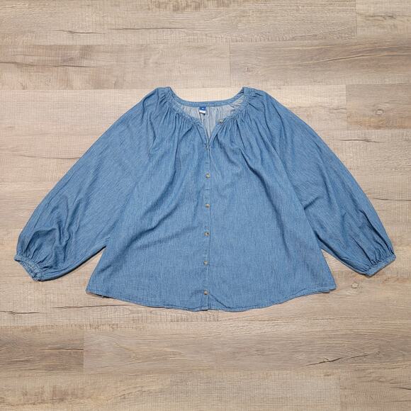 Old Navy Denim Chambray Balloon Sleeve Button Up Blouse Plus Size 3X Boho Top - Picture 1 of 6